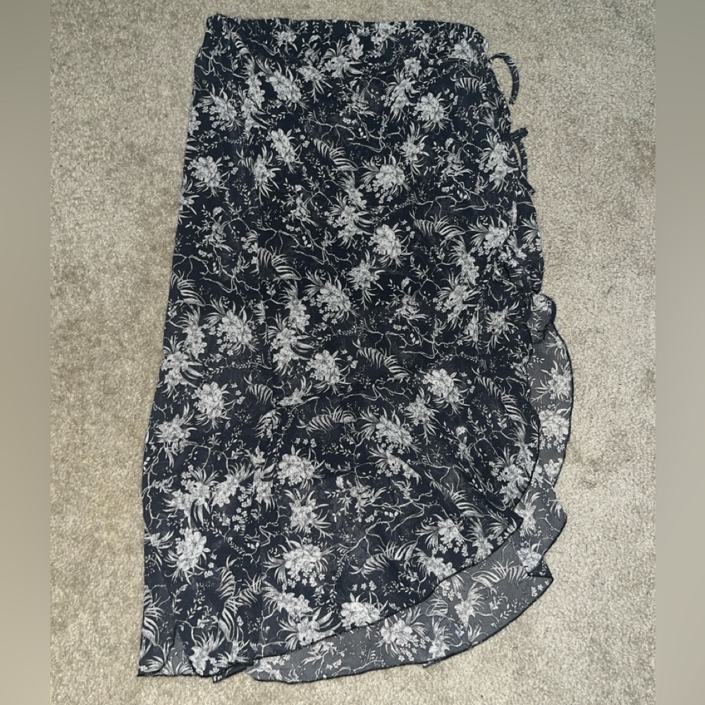 Floral Midi Skirt with Ruffle Hem Tie Wrap and Slit